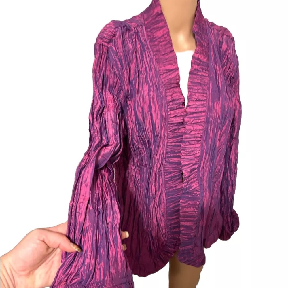 Chico's Women's Blazer Jacket XL Or 3 Crinkle Taffeta Ruffle Stretch Pink